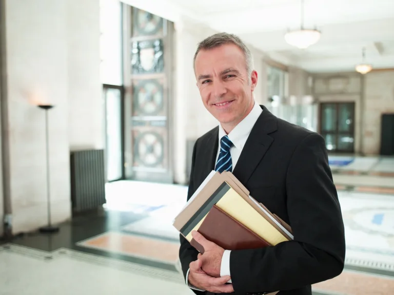 Smiling lawyer in lobby